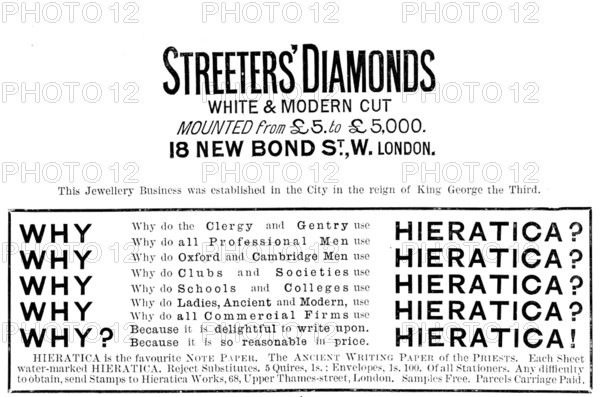 Advertisements for Streeters' Diamonds and Hieratica Note Paper, 1890.  Creator: Unknown.