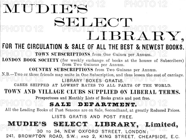 Advertisement for Mudie’s Select Library, 1890. Creator: Unknown.