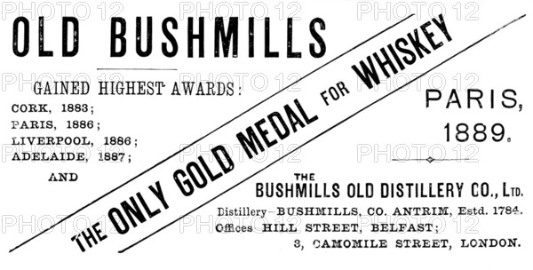Advertisement for Old Bushmills Whiskey, 1890. Creator: Unknown.