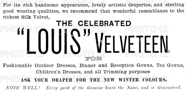 Advertisement for the Celebrated "Louis" Velveteen, 1890. Creator: Unknown.
