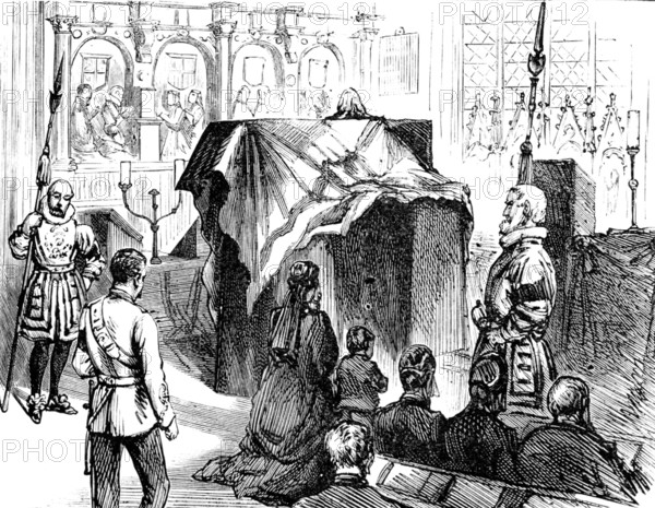 Funeral of Lord Napier of Magdala: the coffin in the Chapel at the Tower, 1890. Creator: Unknown.