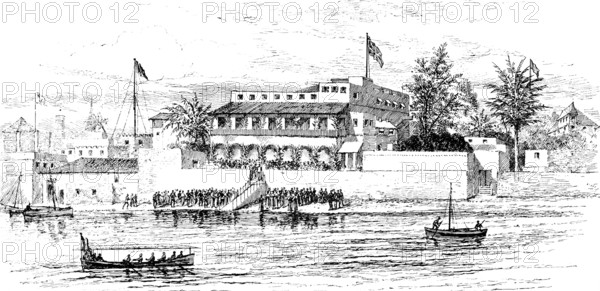 ...Emin Pasha Relief Expedition: Mr. Stanley landing at the British Consulate, Zanzibar, 1890. Creator: Unknown.