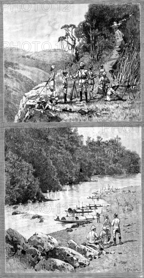 Lushai Expedition: signalling party with heliograph; encampment...on the Kurnafuli River, 1890. Creator: R. Taylor.