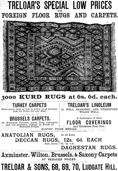 Advertisement for Treloar’s Foreign Floor Rugs and Carpets, 1890. Creator: Unknown.