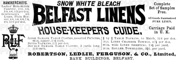 Advertisement for Belfast Linens, 1890. Creator: Unknown.