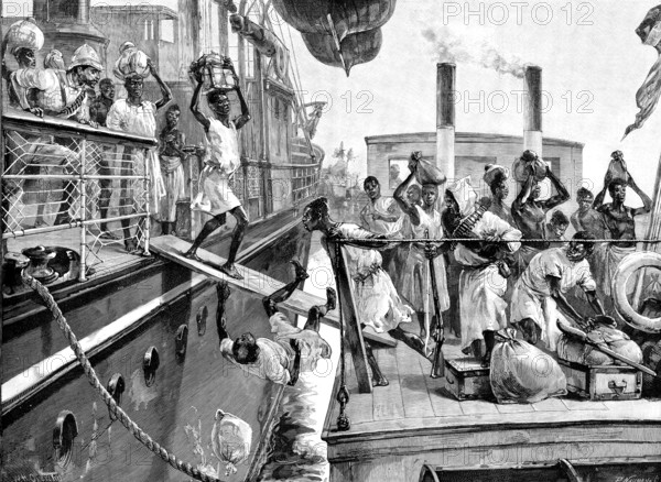 Emin Pasha Relief Expedition, Banana Point..transferring passengers to a Congo River steamboat, 1890 Creator: P Naumann.