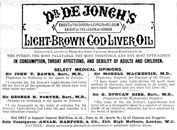 Advertisement for Dr. de Jongh’s Light-Brown Cod Liver Oil, 1890. Creator: Unknown.