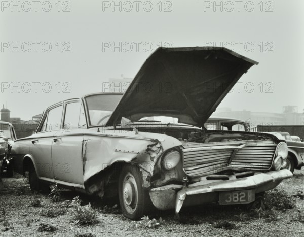 A car which has been 'dumped' and abandoned by its owner, 1970. Creator: Unknown.