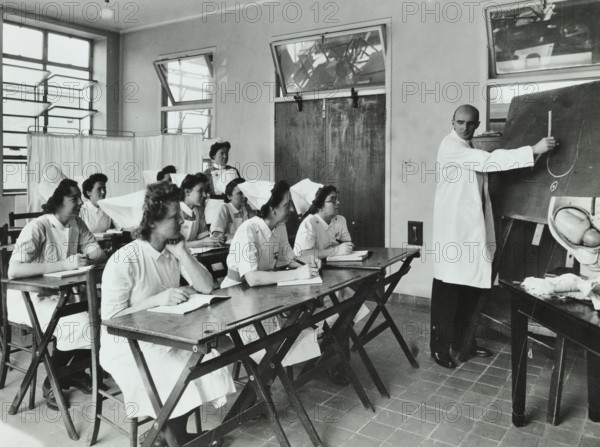 A doctor instructs trainee midwives, 1950s. Creator: Unknown.