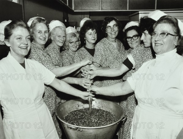 Bessemer Grange School, Camberwell, London: kitchen staff make Christmas puddings, 1970. Creator: Unknown.