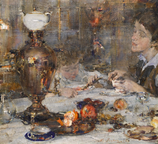 Portrait of Artist's Wife and Daughter, 1925. Creator: Nikolay Feshin.