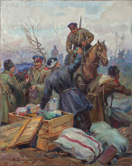The distribution of Easter presents at the front, 1915. Creator: Stepan Fedorovic Kolesnikov.