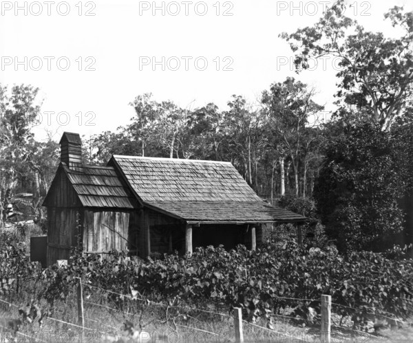 Australian wooden slab hut, wooden shingle roof, c1900s. Creator: Robert Augustus Henry L'Estrange.