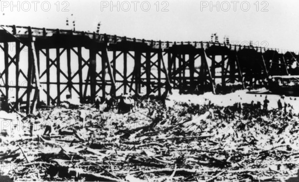 Workers below Victoria Bridge, cleaning up debris after the flood, Brisbane, 1893. Creator: Unknown.