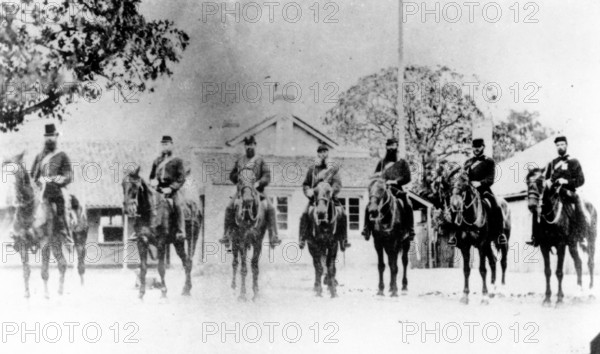 Police Commissioner and troopers outside Brisbane Police Headquarters 1868. Creator: Unknown.