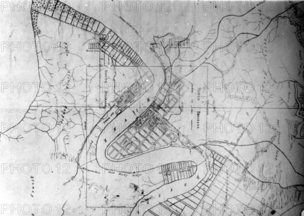 Aerial map of Brisbane showing North Brisbane, South Brisbane. Creator: Unknown.