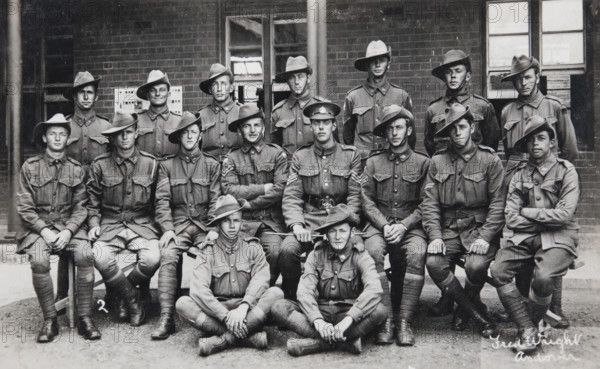 Postcard of unidentified group of soldiers, signed on the front by Fred Wright, Andover. Creator: Murphy.