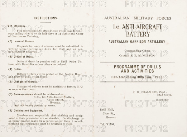Programme of Drills and Activities, half year ending 30th June, 1933 for Australian Military Forces. Creator: Murphy.