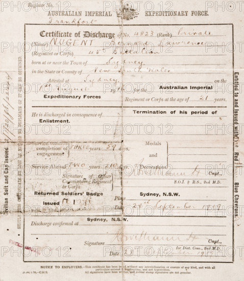 Certificate of discharge for Bernard Laurence 'Barney' Nugent, dated 28 September 1919. Creator: Murphy.