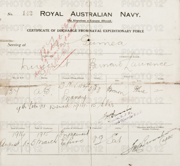 Certificate of discharge for Bernard Laurence 'Barney' Nugent from the Naval Expeditionary Force. Creator: Murphy.