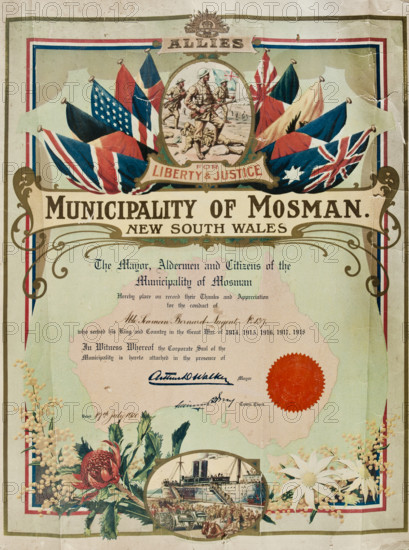 Certificate presented to Bernard Laurence 'Barney' Nugent from the Municipality of Mosman, July 1920 Creator: Murphy.