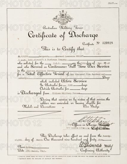 Bernard Laurence 'Barney' Nugent's Certificate of Discharge from the Citizen Military Forces, 1945. Creator: Murphy.