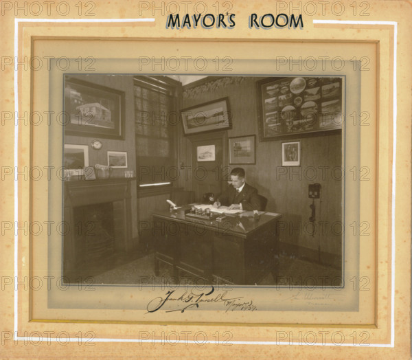 Mayor's Room; Frank G Pursell, Mayor 1939-1940 is pictured at his desk in the Mayor's room in 1939. Creator: Unknown.