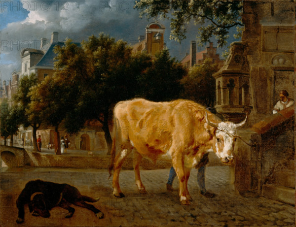 Bull in a City Street, c1670. Creators: Adriaen van de Velde, Jan van der Heyden.