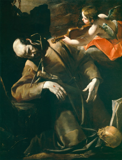 St. Francis of Assisi in Ecstasy before a Cherub with a Violin, between 1628 and 1630. Creator: Gioacchino Assereto.