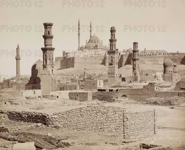 The Citadel and Mosque of Mohammed Ali as Seen from the Tombs of the Mameluks, 19th century. Creator: Maison Bonfils.