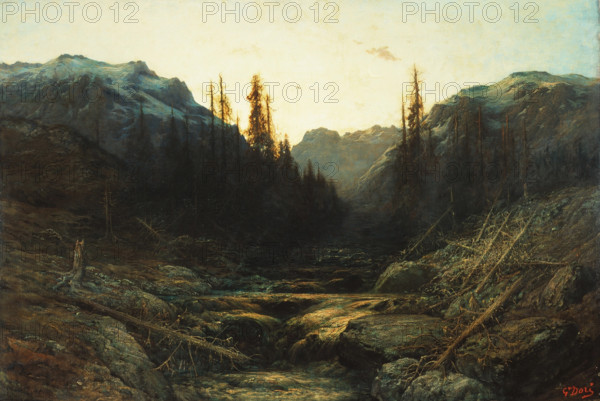 Stream in Mountains at Dusk, mid or late 19th century. Creator: Gustave Doré.