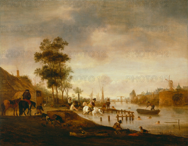 River Landscape with Swimmers, 1644. Creator: Isaac van Ostade.