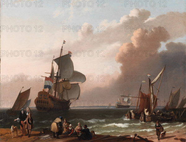 Coastal Scene with a Man-of-War and other Vessels, 1692. Creator: Ludolf Backhuysen I.