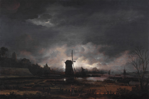 Moonlit Landscape with a Windmill, early to mid 1650s. Creator: Aert van der Neer.