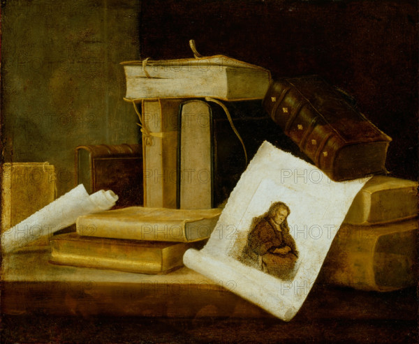 Still Life of Books and a Rembrandt Engraving, between 1631 and 1635. Creator: Sebastian Stosskopf.