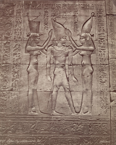 Coronation of the King: Bas-relief in the Temple of Edfu, late 19th century. Creator: Henri Bechard.