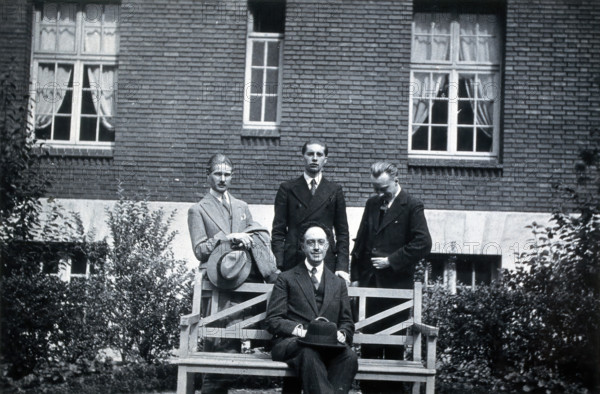 A George, L Destoucher, R Valletto and de Broglie, in front of the Institut Henri Poincaré, 1933. Creator: Unknown.