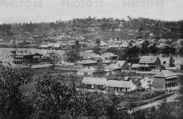 Brisbane from Observatory, showing first wooden bridge across Brisbane River c1866. Creator: Unknown.