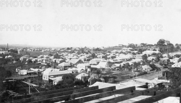 Aerial views looking over Ipswich, Queensland taken from the Wintergarden Theatre, 1928. Creator: Jack Bain.