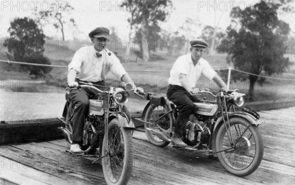Jack Bain (right in image) and another man on Harlin Bridge, 1926. Creator: Jack Bain.