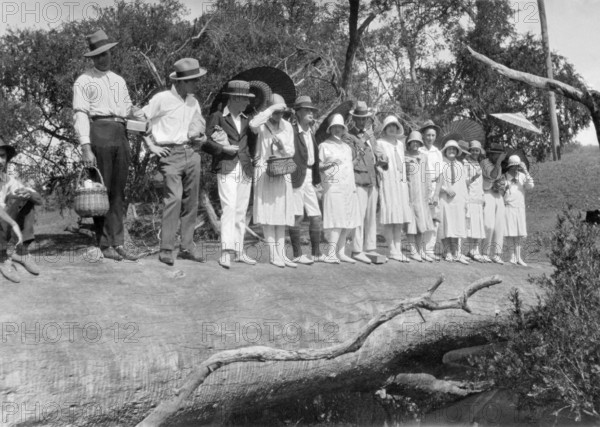 Picnic party on a log over Cressbrook Creek, 1925. Creator: Jack Bain.