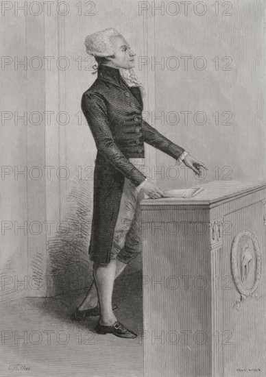 French Revolution: Portrait of Robespierre speaking in Convention, 1876.  Creator: Adolphe François Pannemaker.