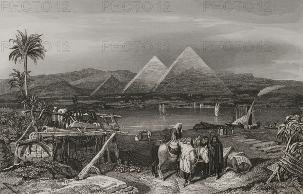 Pyramids from the banks of the Nile, Egypt, 1840.  Creator: Émile Rouargue.