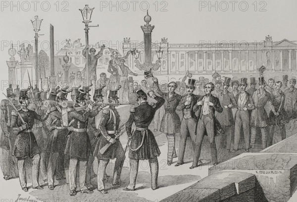 Students on the Pont de la Concorde in front of the troops, French Revolution of 1848, Paris, 1856.  Creator: Dujardin.