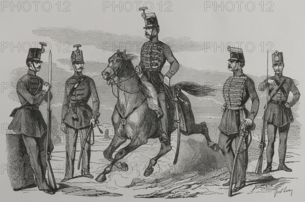 Hungarian Cavalry and Infantry in 1849 (1856). Creator: Ange-Louis Janet.