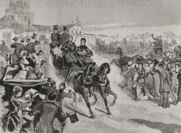 People clapping for King Alfonso XII on his way to the Basilica of Atocha, the day after...1878.   Creator: Bernardo Rico.