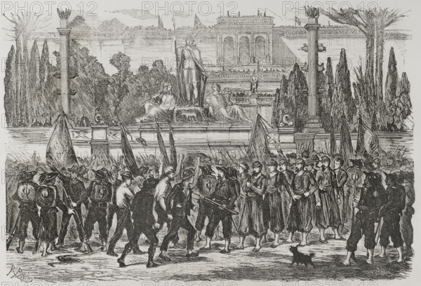 Italian troops taking possession of the Piazza del Popolo, 1871.  Creator: Celestino Sadurni.