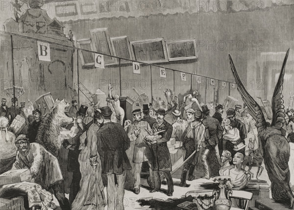 Reception of lots for the National Lottery, to be drawn on 10 January 1879 at the Grand Palais...187 Creators: Bernardo Rico, Juan Comba García.