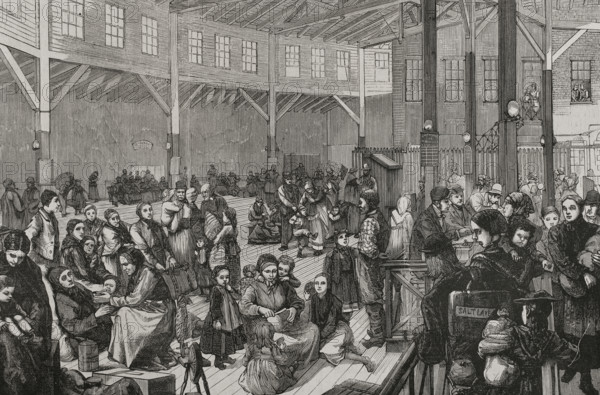 Mormon emigrants at Castle Garden, New York, USA, 1878. Creator: Andrés Ovejero.