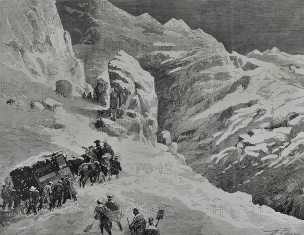 Driving the mail wagon pulled by horses during a snowstorm, Puerto de Pajares, Spain, 1878.  Creator: Bernardo Rico.